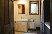 Main bathroom inside a cottage style log home, Quebec, Canada. This image is property released. CUPR0284.