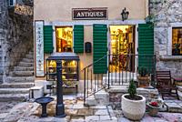 Antique shop on the Old Town of Kotor coastal city, located in Bay of Kotor of Adriatic Sea, Montenegro.