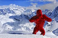 Orlinski Gorilla Sculpture in the French Alps, Red Gorilla, Haute Savoie, Trois Vallees, Three Valleys, Ski Resort, France, Europe