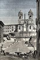 The Spanish Steps, TrinitÃ  dei Monti church at the top, Rome, Italy, 19th Century.