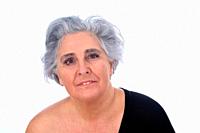 an older woman with a sexy posed on white background.