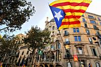 Political demonstration for the independence of Catalonia. Estelades. Independentist Catalan flags. October 2017. Barcelona, Catalonia, Spain