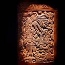A work of art with the image of a unknown Mexica deity is displayed in Templo Mayor Museum in Mexico City, Mexico