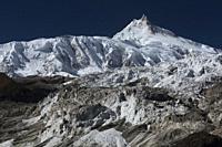 Manaslu, world's eighth highest peak (8,163 metres), and its glaciers, Samagaon, Nepal.