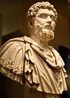 Marble sculpture bust of Emperor Setpimius Severus AD 193-211 Rome with curly hair at ROM Toronto Canada
