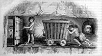 UK. Kids working in a coal mine.( Drawing by Le Trapper, 1843)