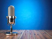 Retro old microphone. Radio show or audio podcast concept. Vintage microphone on blue background. 3d illustration.
