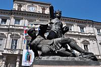 Turin, Italy: monument to Amedeo VI di Savoia, the ´Green Count´, winning against the Turks, facing Palazzo Civico (City Hall)