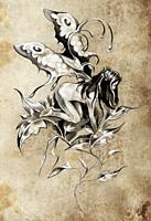 Sketch of tattoo art, fairy, fantasy illustration, textured background.