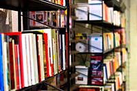 Bookshelves of an independent bookstore. Paris, France