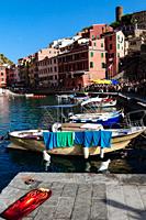 Fishing boats in harbour, Vernazza, Italian Riviera, Liguria, Italy.