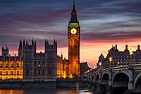 The Elizabeth Tower (Big Ben) and Westminster Bridge, London, England.