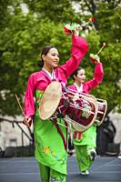 Traditional folk dancers with drums at Korean Festival, Getty Center, Los Angeles, CA.