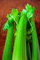 Celery is a healthy snack. Bunch of celery lying on wooden table.