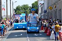 Tour de France 2018 in Mayenne city, advertising caravan (Mayenne department, Pays de la Loire, France).