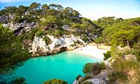 MENORCA, SPAIN - June 29, 2018: The most beautiful beach in Menorca during first hours of the day (07:00), summer season.