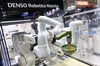 October 21, 2018, Tokyo, Japan - A robot arm developed by DENSO Corp. prepares green tea during the World Robot Summit 2018 at Tokyo Big Sight in Toky...