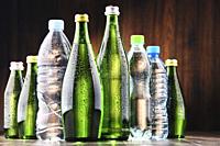 Composition with different sorts of bottles containing mineral water.