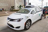Detroit, Michigan - A Waymo self-driving car on display at the Detroit Moves Mobility Festival. Waymo is a subsidiary of Google's parent company, Alph...