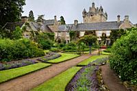 Wet Flower Garden with purple perennial flowers south of Cawdor Castle after rainfall in Cawdor Nairn Scotland UK.