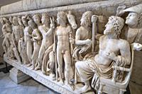Detail of reliefs on a Roman period, marble sarcophagus depicting the life of Achillies, first half of the 3rd century AD. Capitoline Museums. Rome, I...