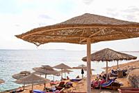 Sharm El-Shaikh, Egypt - November 2, 2018:- photo for Red Sea coast In the Egyptian city of Sharm el-Sheikh, which showing water and some rocks and be...