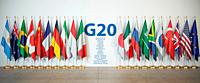G20 summit or meeting concept. Row from flags of members of G20 Group of Twenty and list of countries, 3d illustration.