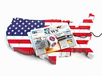 News of USA, press and journalism concept. Microphone and newspaper on the map in colors of the flag of USA. 3d illustration.