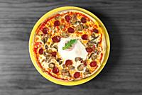 egg pizza with sobrasada and moshroom,studio photography girona,catalonia,spain,.