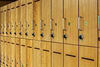 Students' locked lockers at a college.