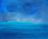 Blue shades sky and ocean abstract saturated oil paint texture background with visible brush strokes.