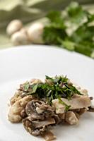 fillet of perch with champignon mushrooms and parsley on white plate.