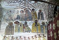 Fresco in the rock-hewn church Yohannes Maequddi, north wall of the church depicting the virgin with child, Archangels as well as saints and other fig...