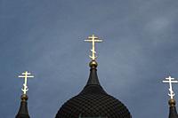 Detail of crosses atop onion domes. Alexander Nevsky Cathedral, Toompea Hill, Old Town, Tallinn, Estonia, Baltic States.