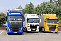 Salo, Finland - July 29, 2018: Volvo FH, MAN and DAF XF transport trucks from Poland, Ukraine and Lithuania parked on a Finnish truck stop in summer.