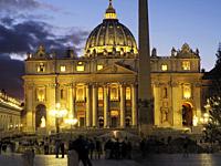 Piazza San Pietro and Saint Peter's Basilica at night, Rome, Italy.