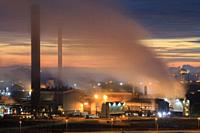The Tata Steelworks at Port Talbot, in South Wales, captured during twilight from an inland section of the Wales Coast Path on an evening in mid Febru...
