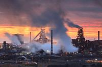 The Tata Steelworks at Port Talbot, in South Wales, captured at sunset from an inland section of the Wales Coast Path on an evening in mid February.