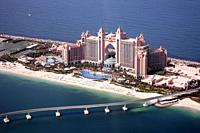Hotel Atlantis on the cresent of Palm Jumeirha in Dubai. Air photograph. .