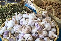 Basket of garlics outside shop in Setenil de las Bodegas, Cadiz Province, Spain.