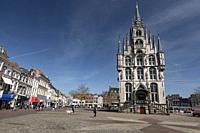 Netherlands; Gouda, 2017, city center, showing its famous 15th century Town hall, The place where Gouda chesse fair takes place.