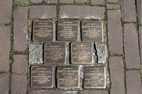 Netherlands, Gouda, 2017, Stumbling stones, or stolpersteine are memorial brass plates placed into the pavement outside certain houses or deportation ...
