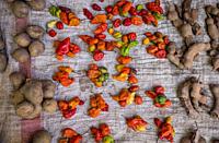 Stanll detail,tamarind, potatoes,peppers, food market of Ambohimahasoa city, Madagascar.