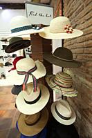 Traditional hats for sale in the shop at the historic center, Quito, Ecuador, South America