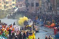 Moment of the 2019 Venice Carnival , canal regata and parade.