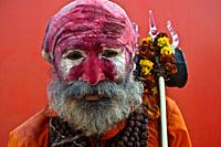 Portrait of a hindu ascetic ("sadhu") ( Allahabad, India).