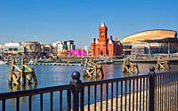 Cardiff Bay with landmarks. National Assembly for Wales, Pierhead building and the Wales Millennium Centre, Cardiff, Wales, United Kingdom