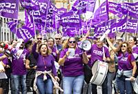 Members of The Workers' Commissions (Spanish: Comisiones Obreras, CCOO) trade union protesting in Las Palmas on Gran Canaria on International Women's ...