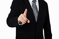Businessman in Black Suit Pointing Index Finger Towards Camera. Focus On The Hand and Finger. Isolated On White Background.