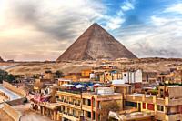 The Pyramid of Cheops and Giza town nearby, Cairo, Egypt.